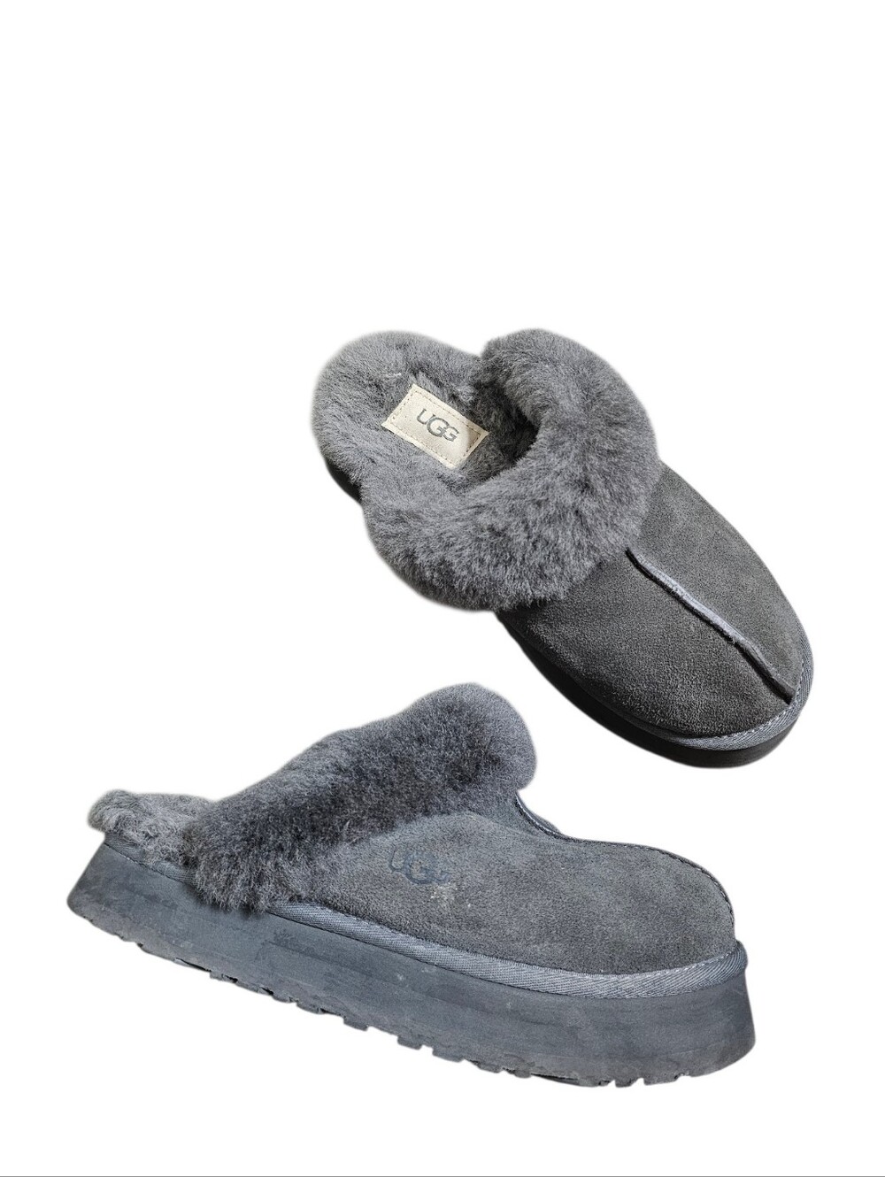 UGG Gray Shearling Slide Platform Slippers Shoes Size 9